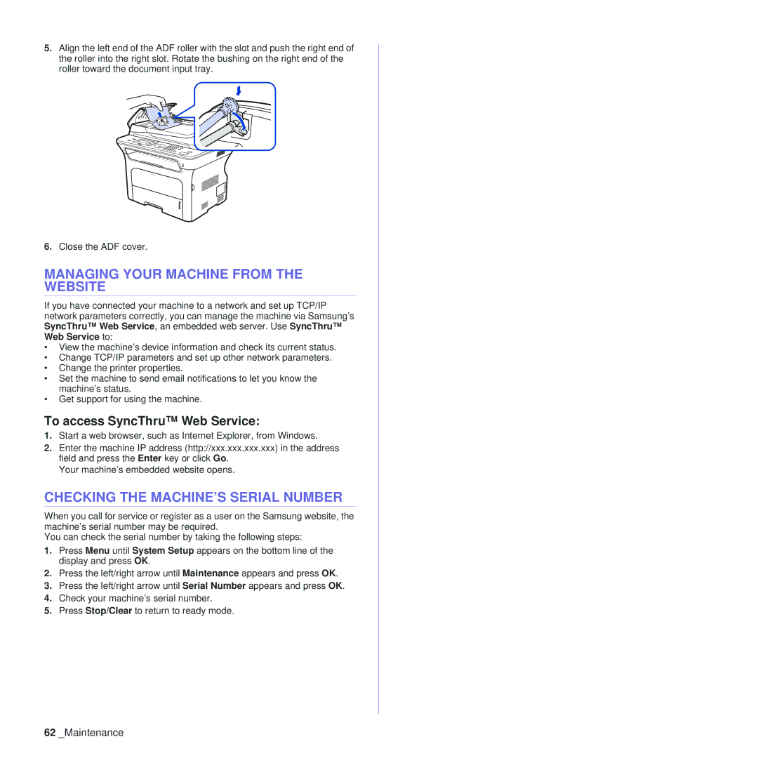 Samsung SCX-4x28, SCX-4x24 manual Managing Your Machine from the Website, Checking the MACHINE’S Serial Number 