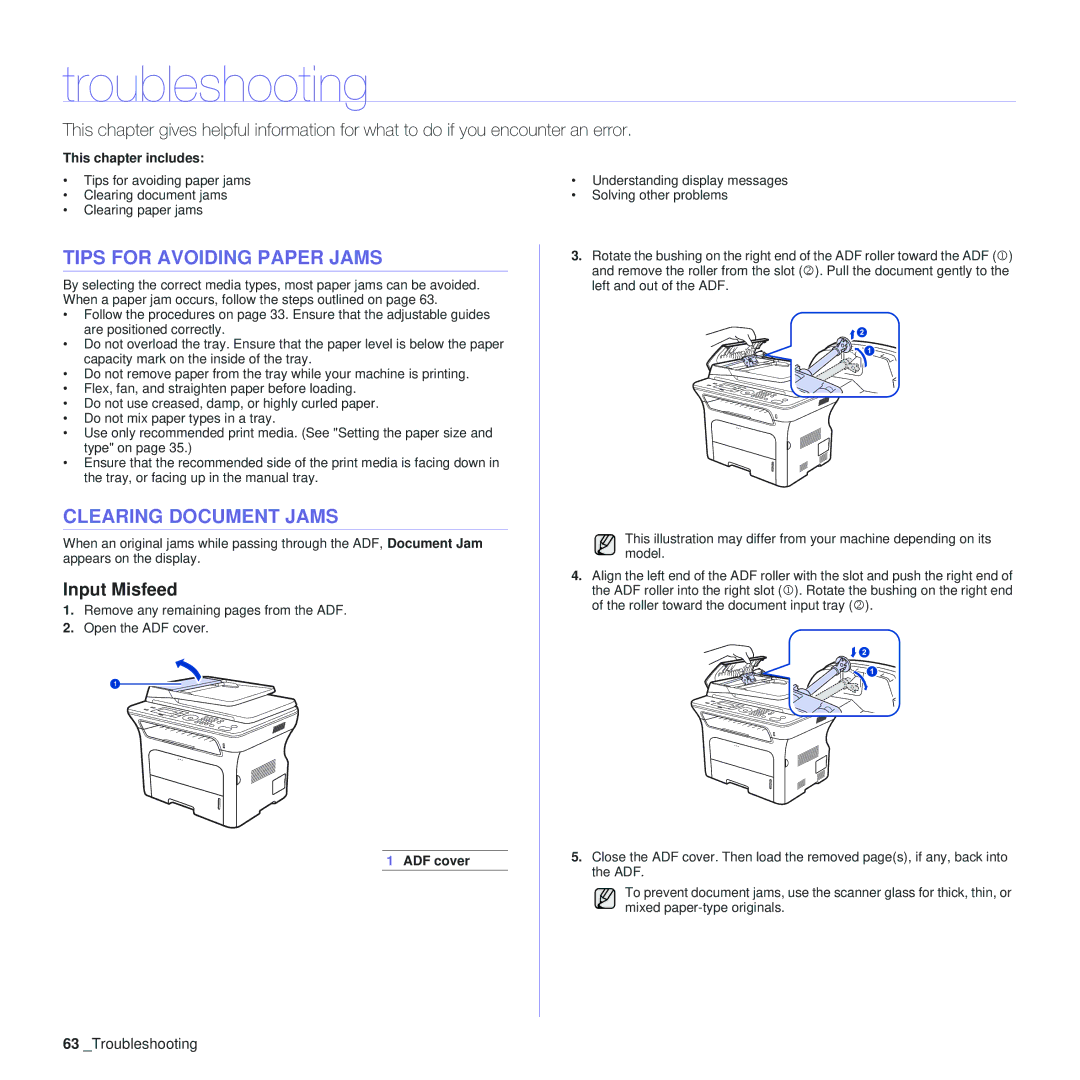 Samsung SCX-4x24, SCX-4x28 manual Troubleshooting, Tips for Avoiding Paper Jams, Clearing Document Jams, Input Misfeed 