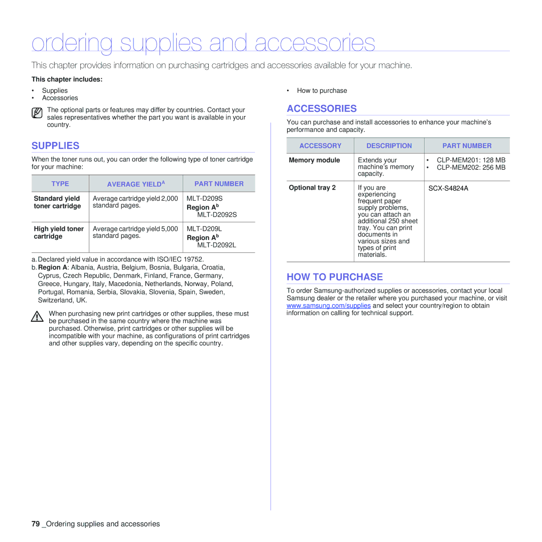 Samsung SCX-4x24, SCX-4x28 manual Ordering supplies and accessories, Supplies, Accessories, HOW to Purchase 