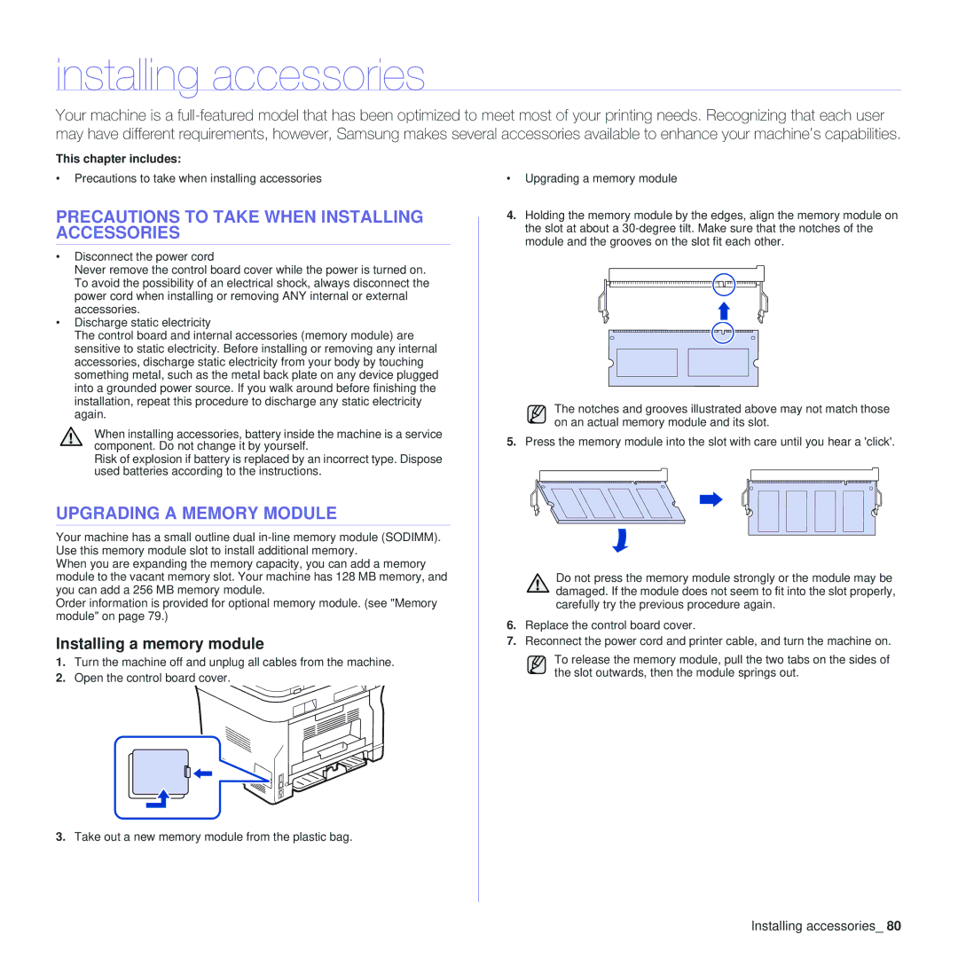 Samsung SCX-4x28 manual Installing accessories, Precautions to Take When Installing Accessories, Upgrading a Memory Module 