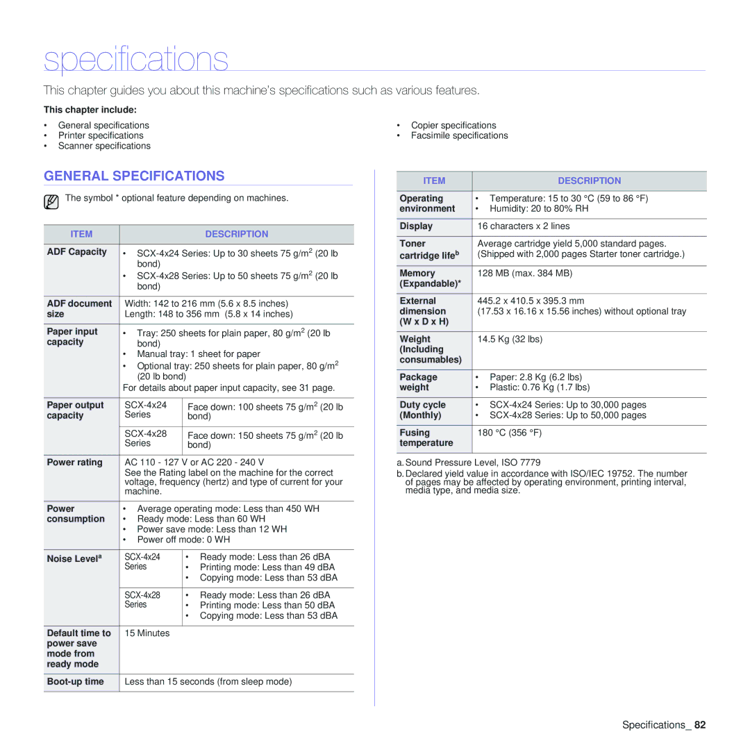 Samsung SCX-4x28, SCX-4x24 manual General Specifications 