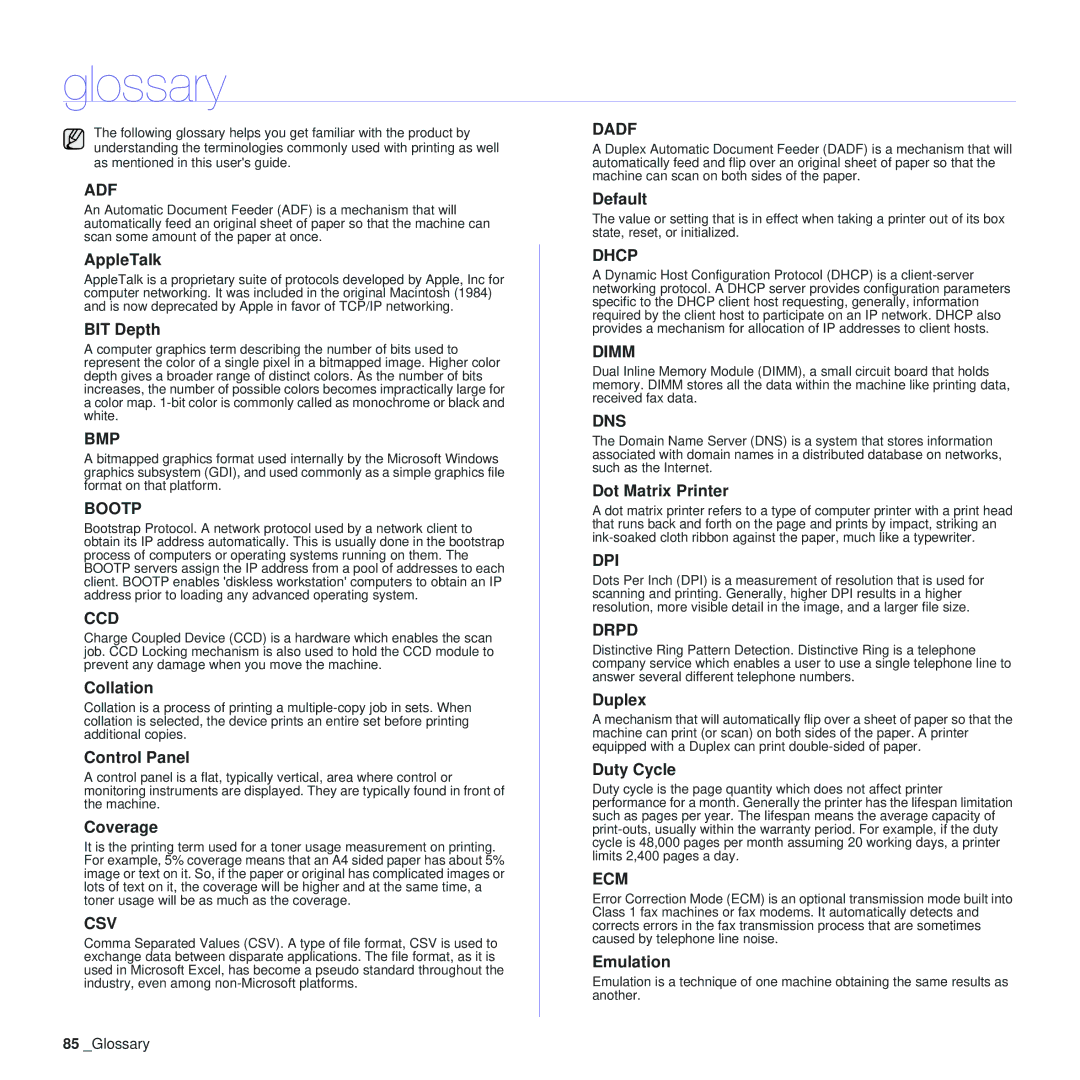 Samsung SCX-4x24, SCX-4x28 manual Glossary 