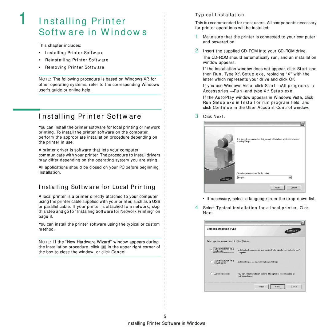 Samsung SCX-4x24, SCX-4x28 manual Installing Printer Software, Installing Software for Local Printing, Typical Installation 