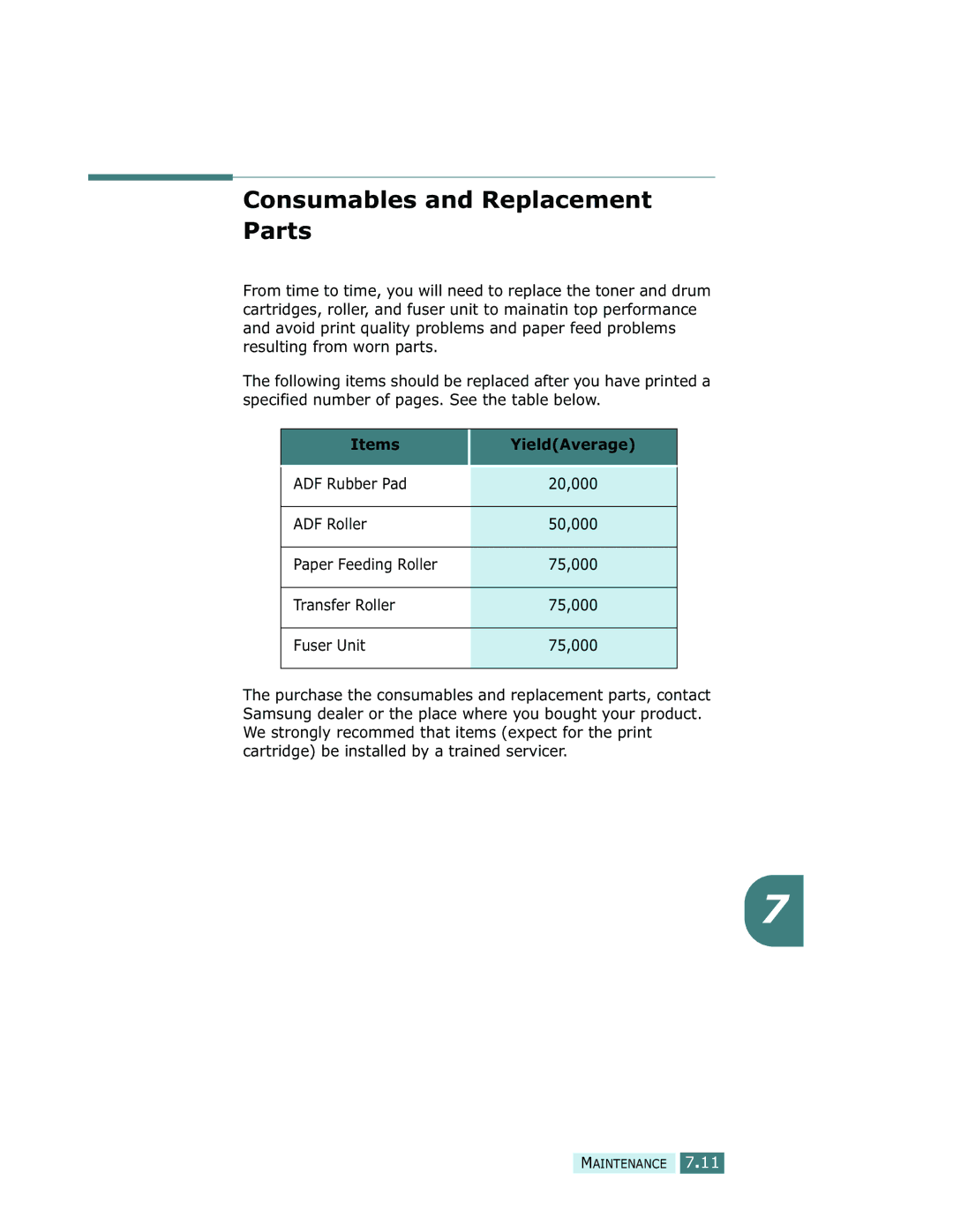 Samsung SCX-5312F, SCX-5112 manual Consumables and Replacement Parts, Items YieldAverage 