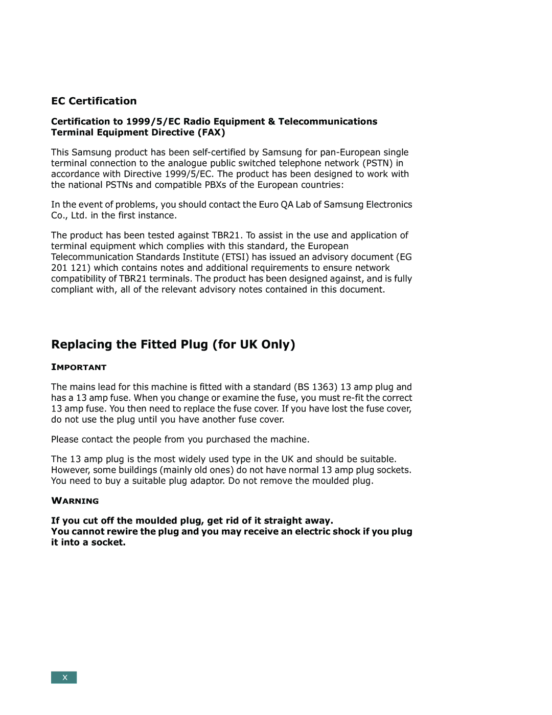 Samsung SCX-5112, SCX-5312F manual Replacing the Fitted Plug for UK Only, EC Certification 