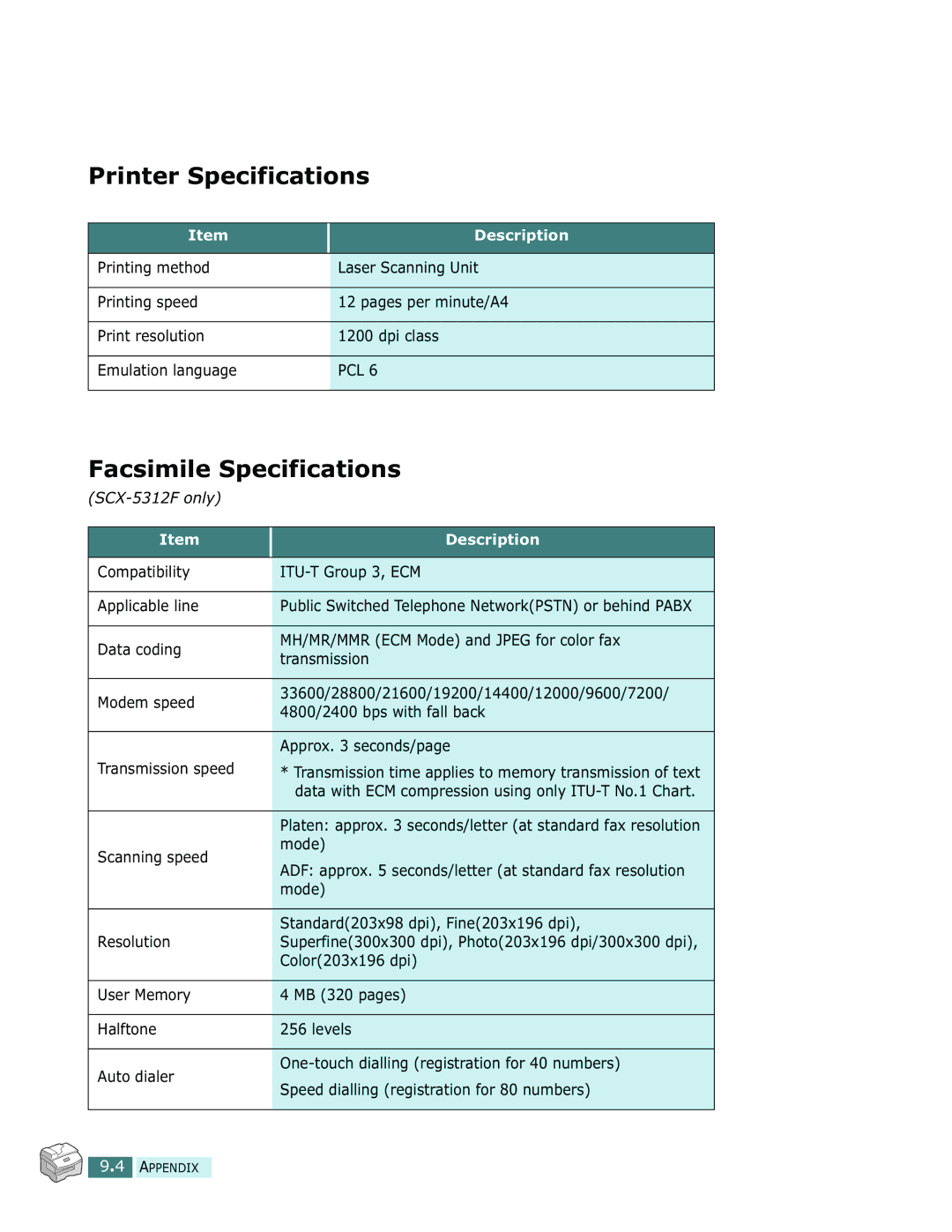 Samsung SCX-5112, SCX-5312F manual Printer Specifications, Facsimile Specifications 