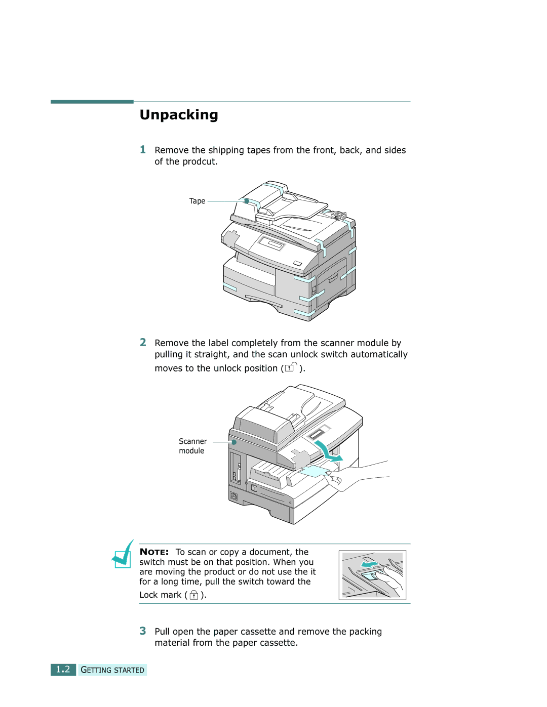 Samsung SCX-5112, SCX-5312F manual Unpacking 