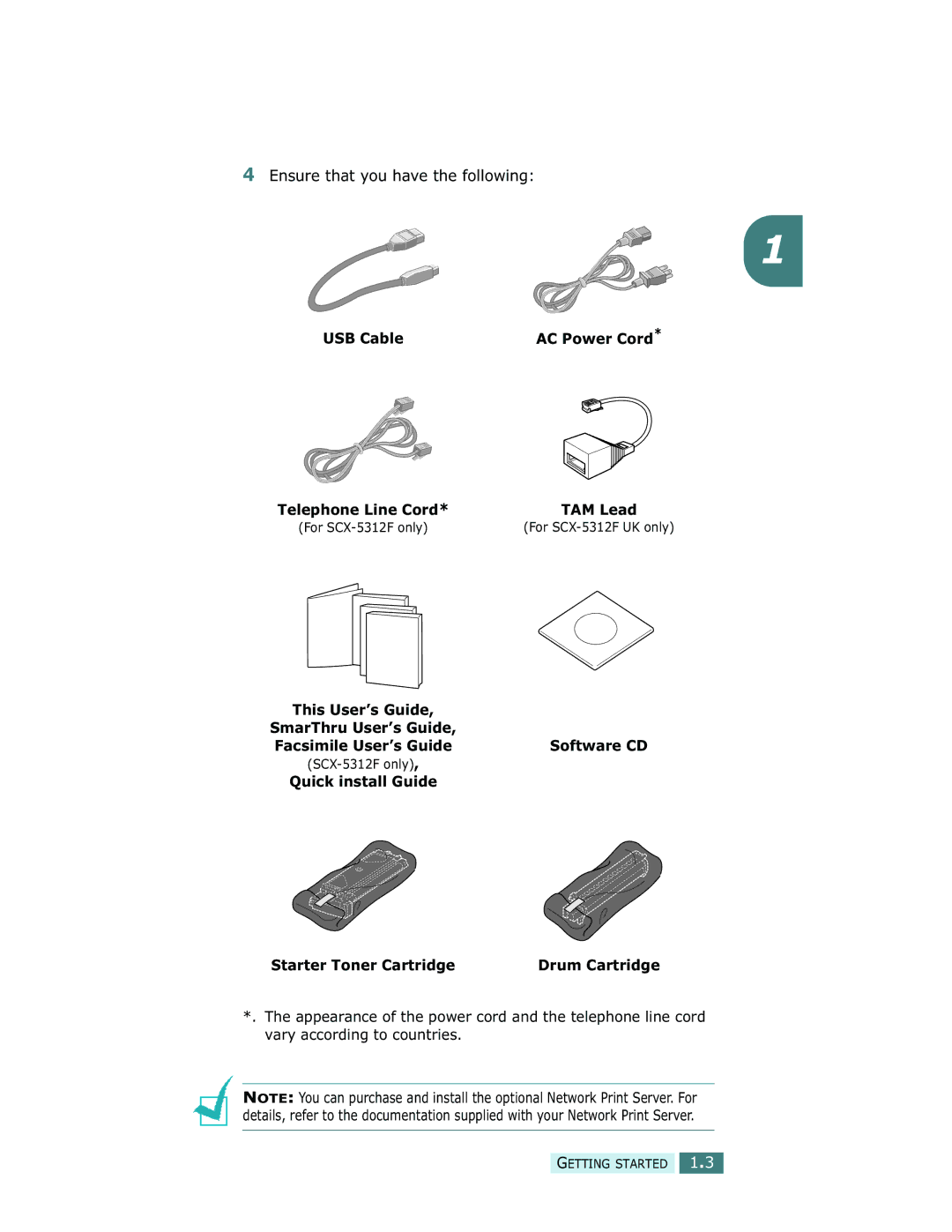 Samsung SCX-5312F, SCX-5112 manual USB Cable, Quick install Guide Starter Toner Cartridge 