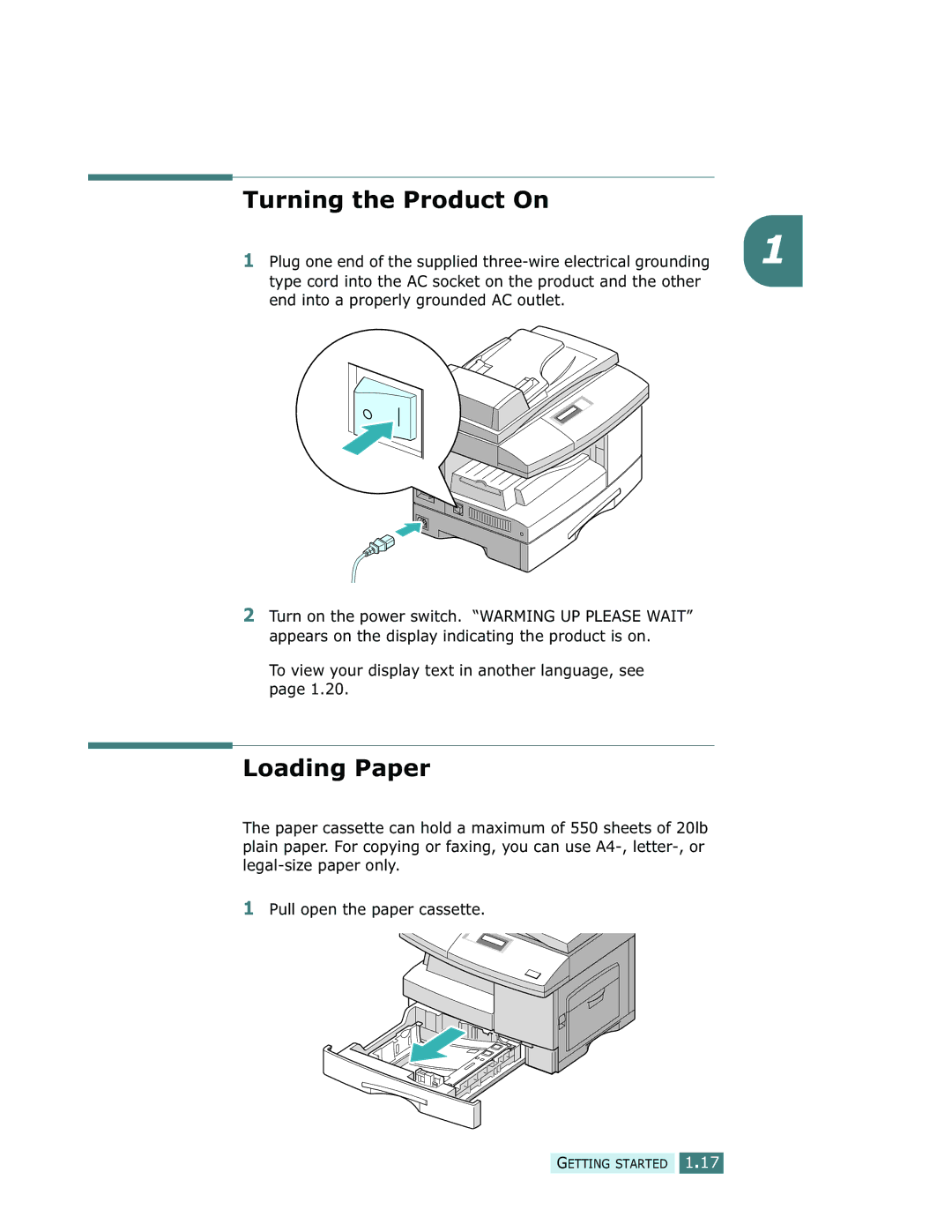 Samsung SCX-5312F, SCX-5112 manual Turning the Product On, Loading Paper 