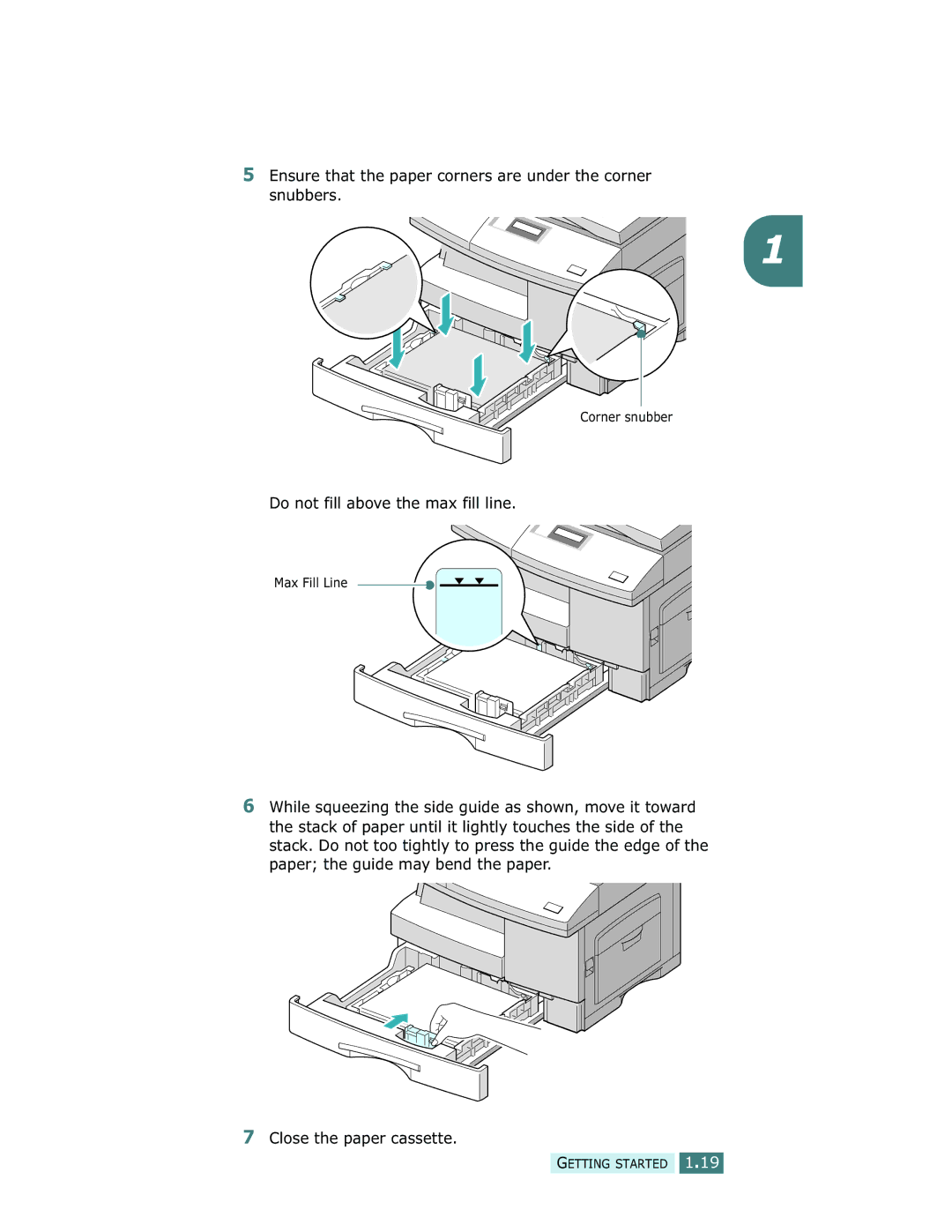 Samsung SCX-5312F, SCX-5112 manual Ensure that the paper corners are under the corner snubbers 