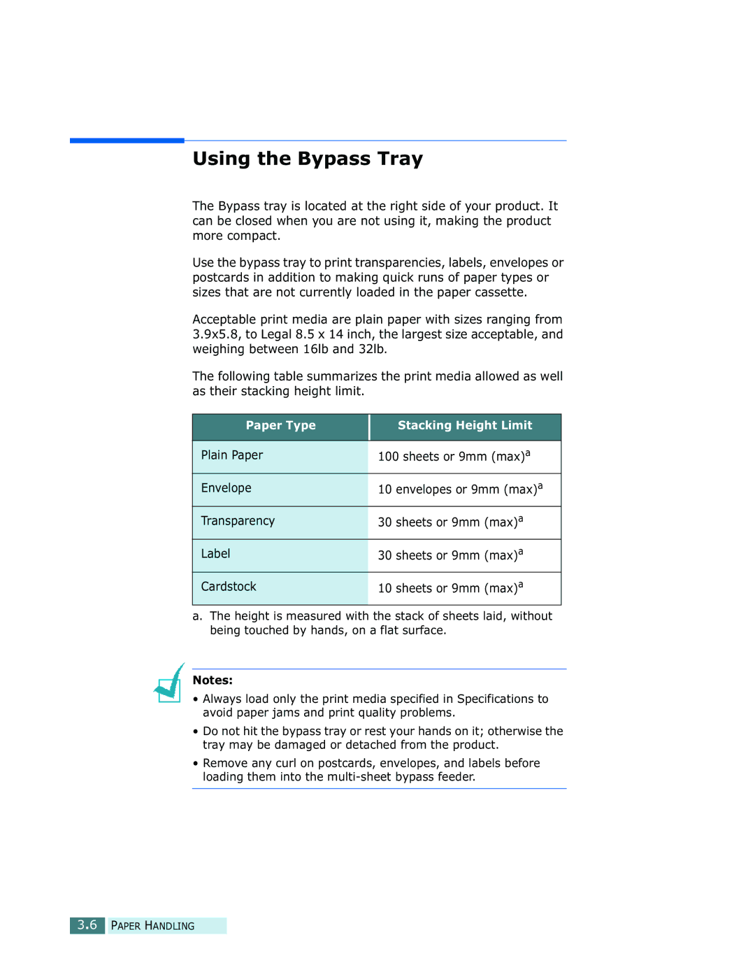 Samsung SCX-5112, SCX-5312F manual Using the Bypass Tray, Paper Type Stacking Height Limit 