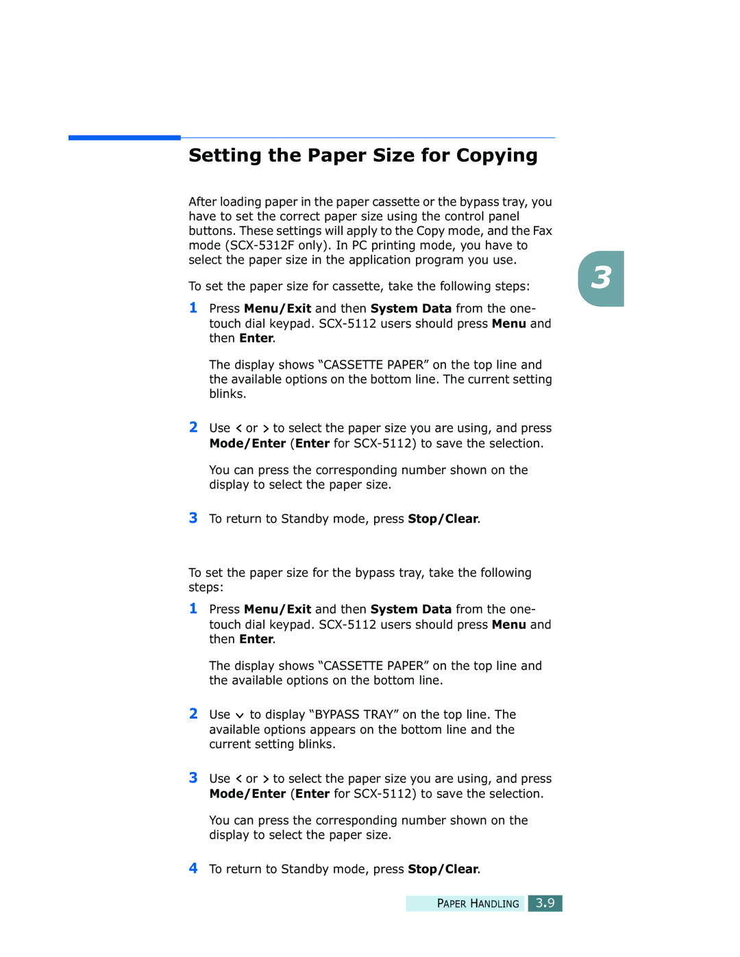 Samsung SCX-5312F, SCX-5112 manual Setting the Paper Size for Copying 