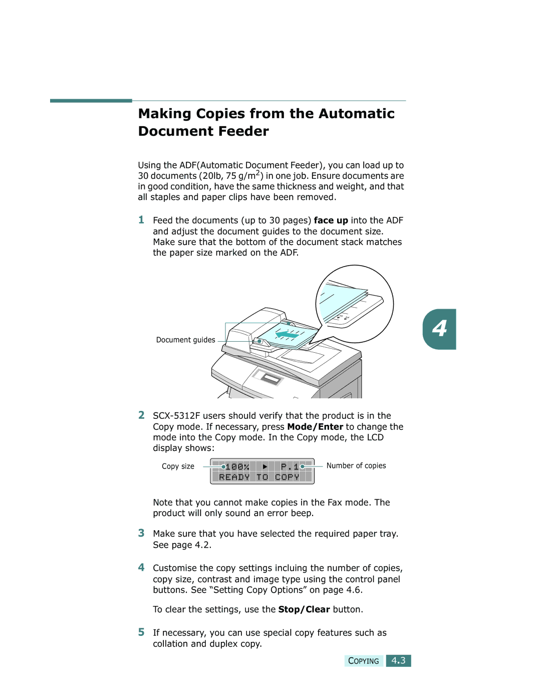 Samsung SCX-5312F, SCX-5112 manual Making Copies from the Automatic Document Feeder 