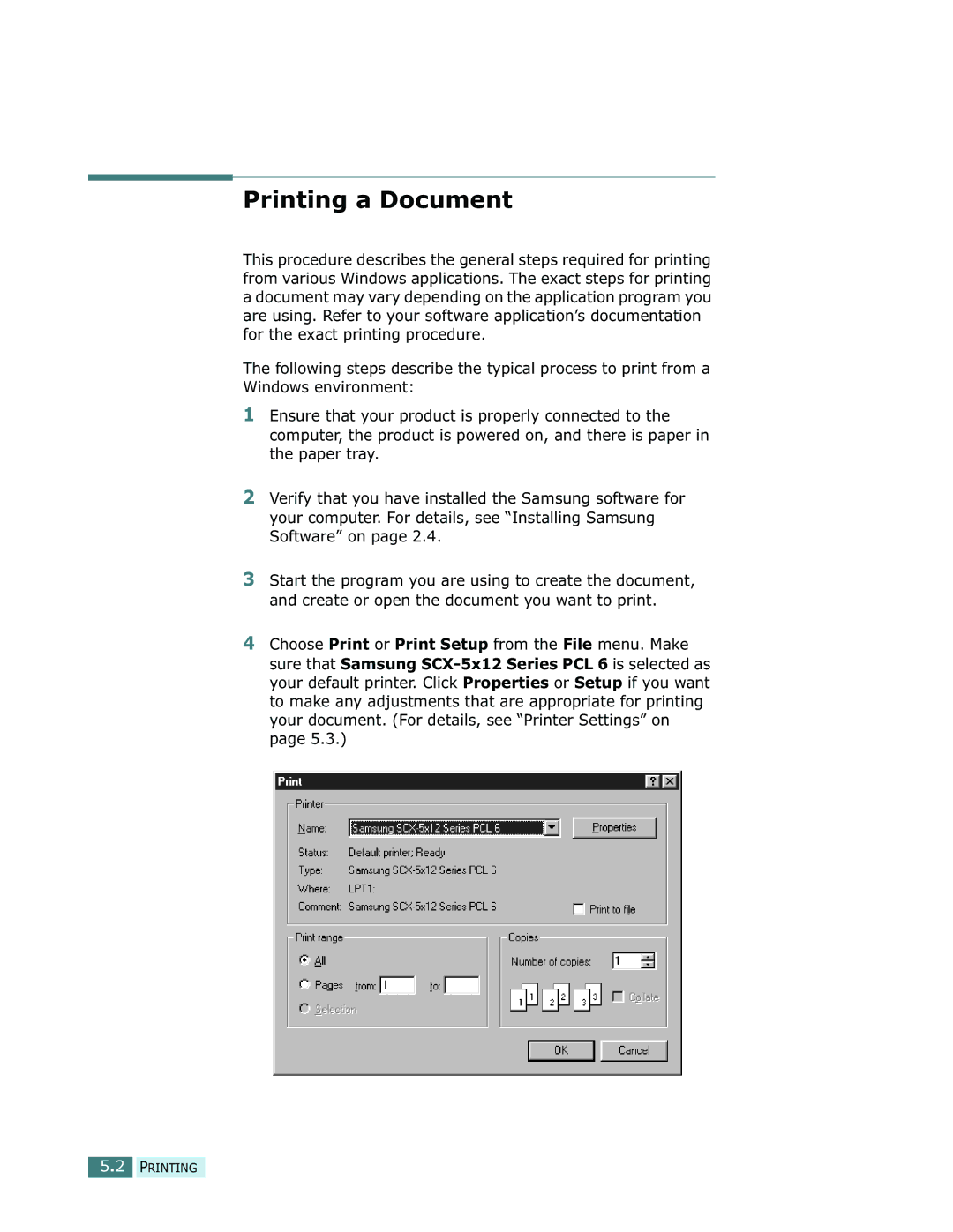 Samsung SCX-5112, SCX-5312F manual Printing a Document 