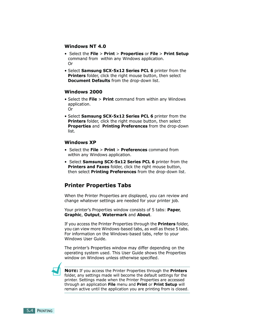 Samsung SCX-5112, SCX-5312F manual Printer Properties Tabs, Windows NT 