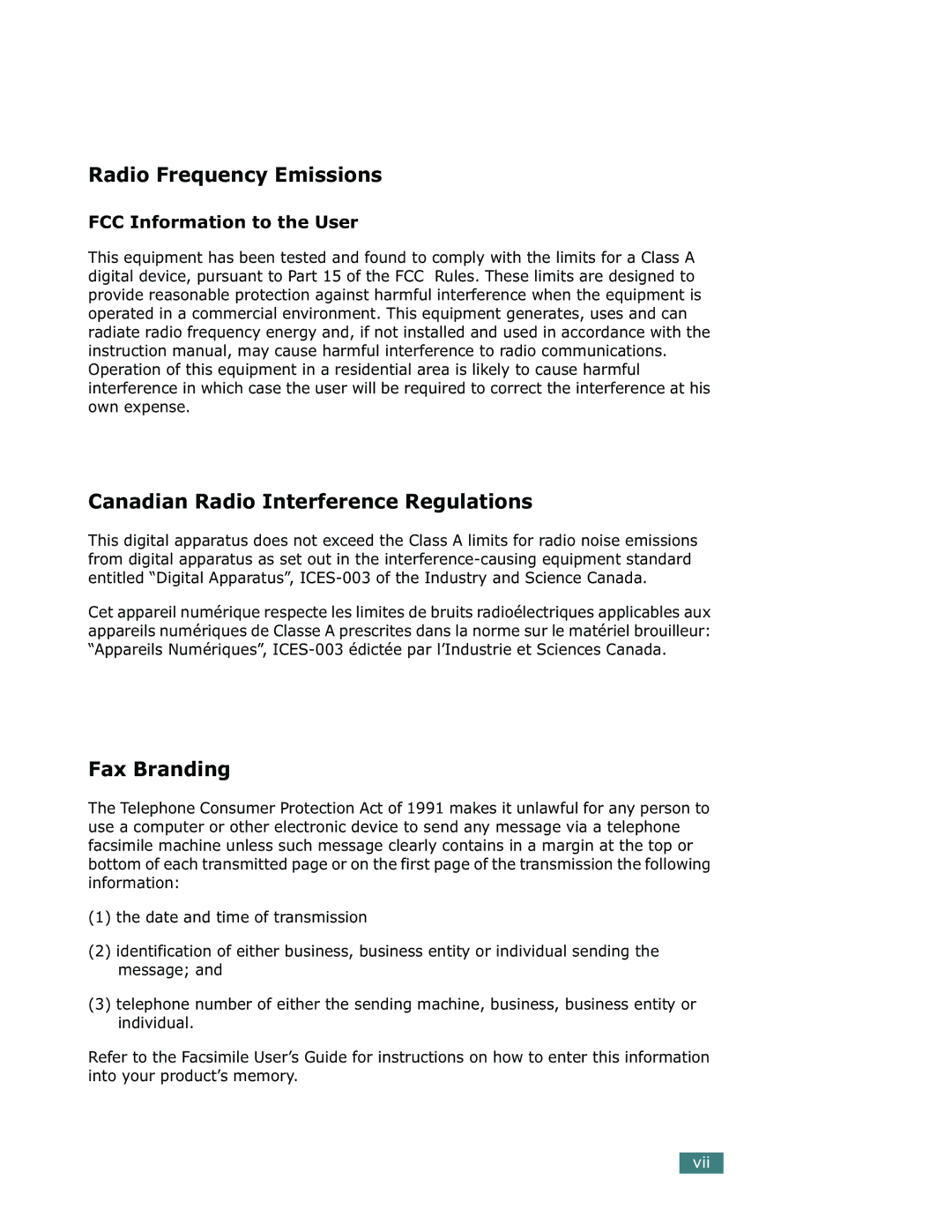 Samsung SCX-5312F, SCX-5112 manual Radio Frequency Emissions, Canadian Radio Interference Regulations, Fax Branding 