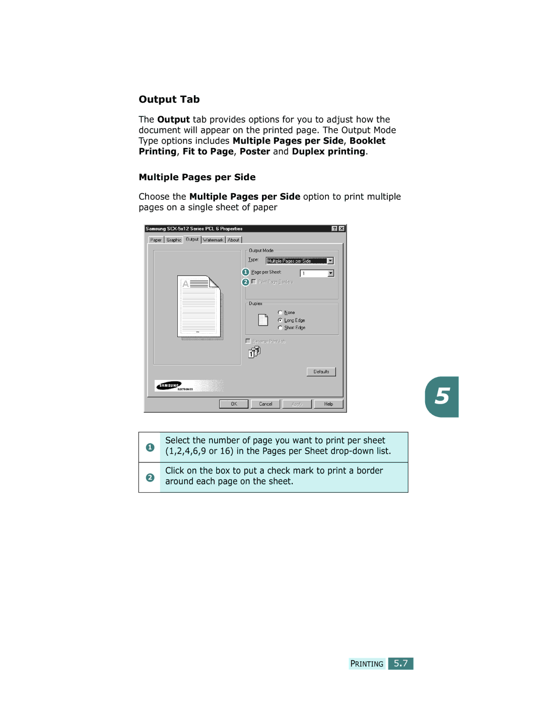 Samsung SCX-5312F, SCX-5112 manual Output Tab, Multiple Pages per Side 