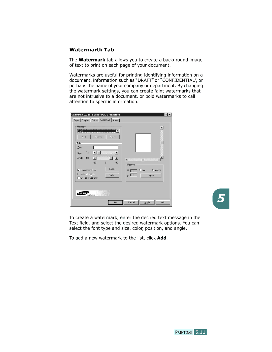 Samsung SCX-5312F, SCX-5112 manual Watermartk Tab 