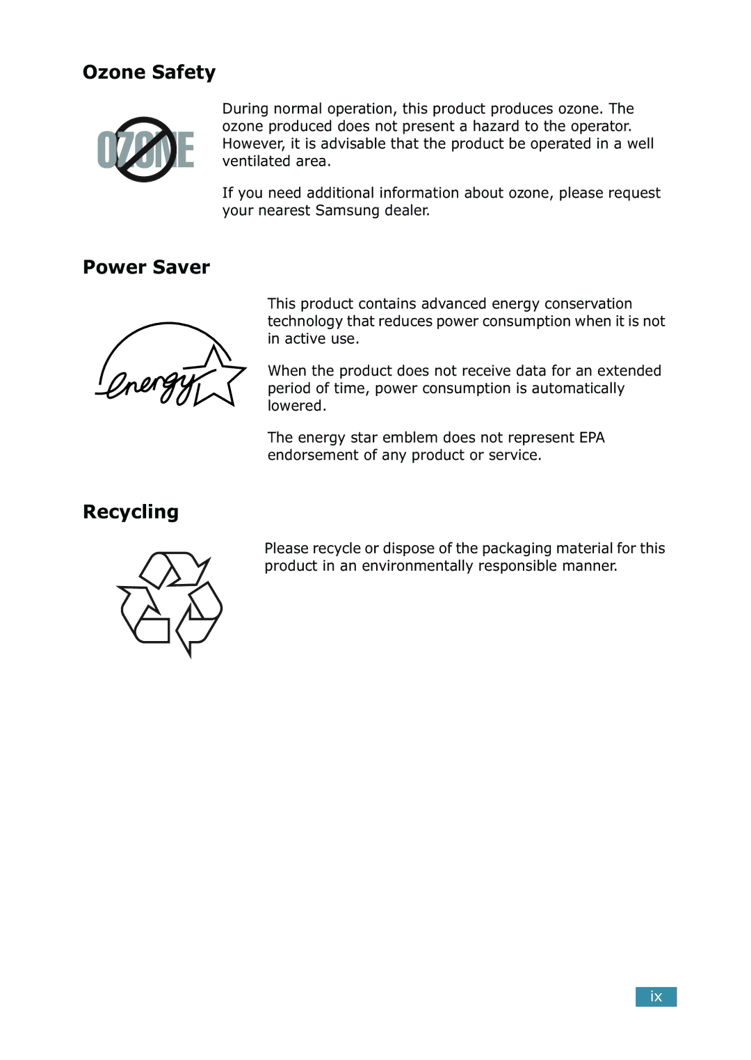 Samsung SCX-5315F/5115, SCX-5115 manual Ozone Safety, Power Saver, Recycling 