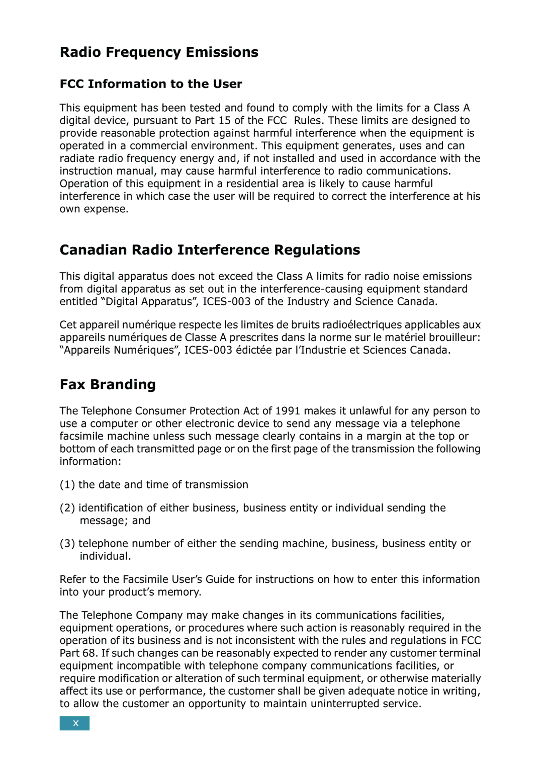 Samsung SCX-5115, SCX-5315F/5115 manual Radio Frequency Emissions, Canadian Radio Interference Regulations, Fax Branding 