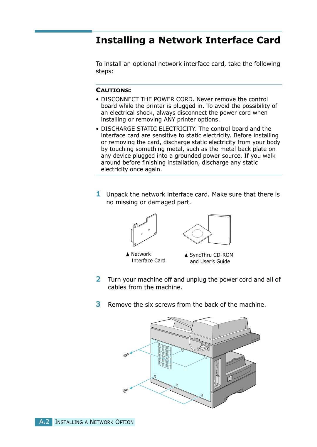 Samsung SCX-5115, SCX-5315F/5115 manual Installing a Network Interface Card 