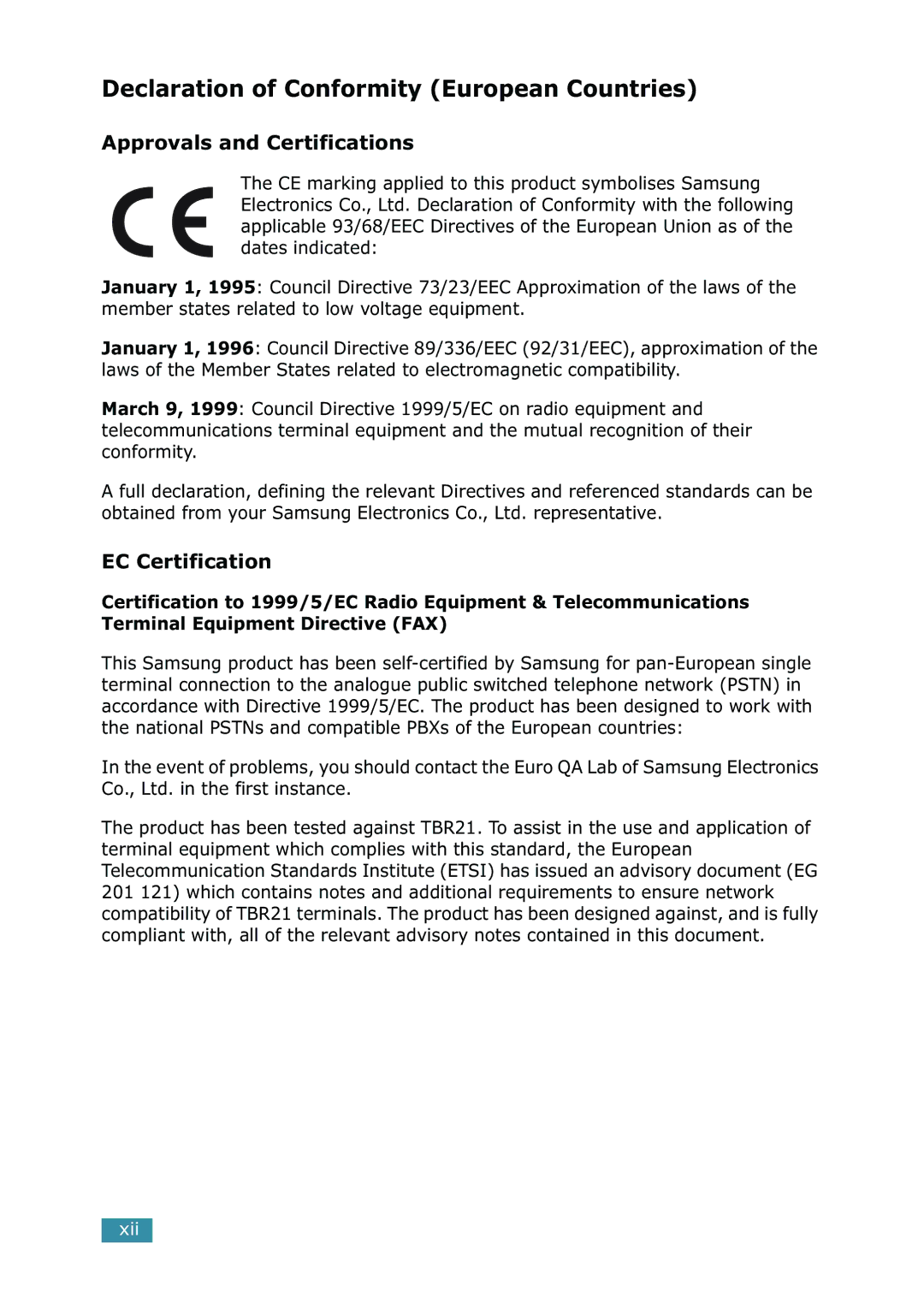 Samsung SCX-5315F, SCX-5115 Declaration of Conformity European Countries, Approvals and Certifications, EC Certification 