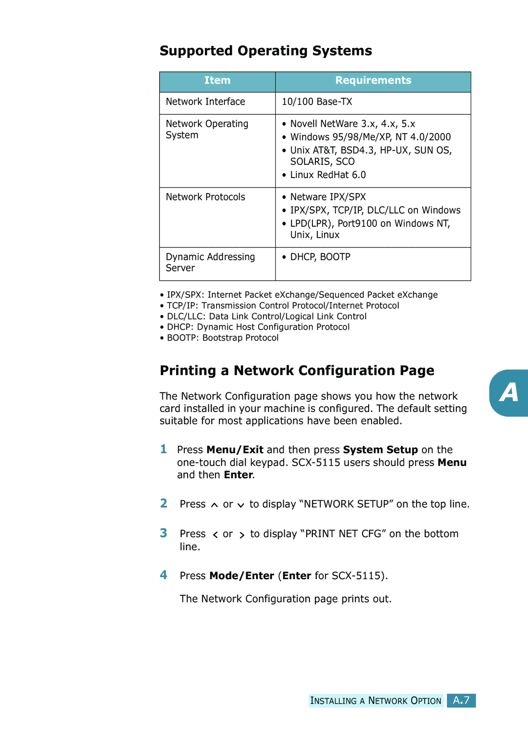 Samsung SCX-5315F/5115, SCX-5115 manual Supported Operating Systems, Printing a Network Configuration 