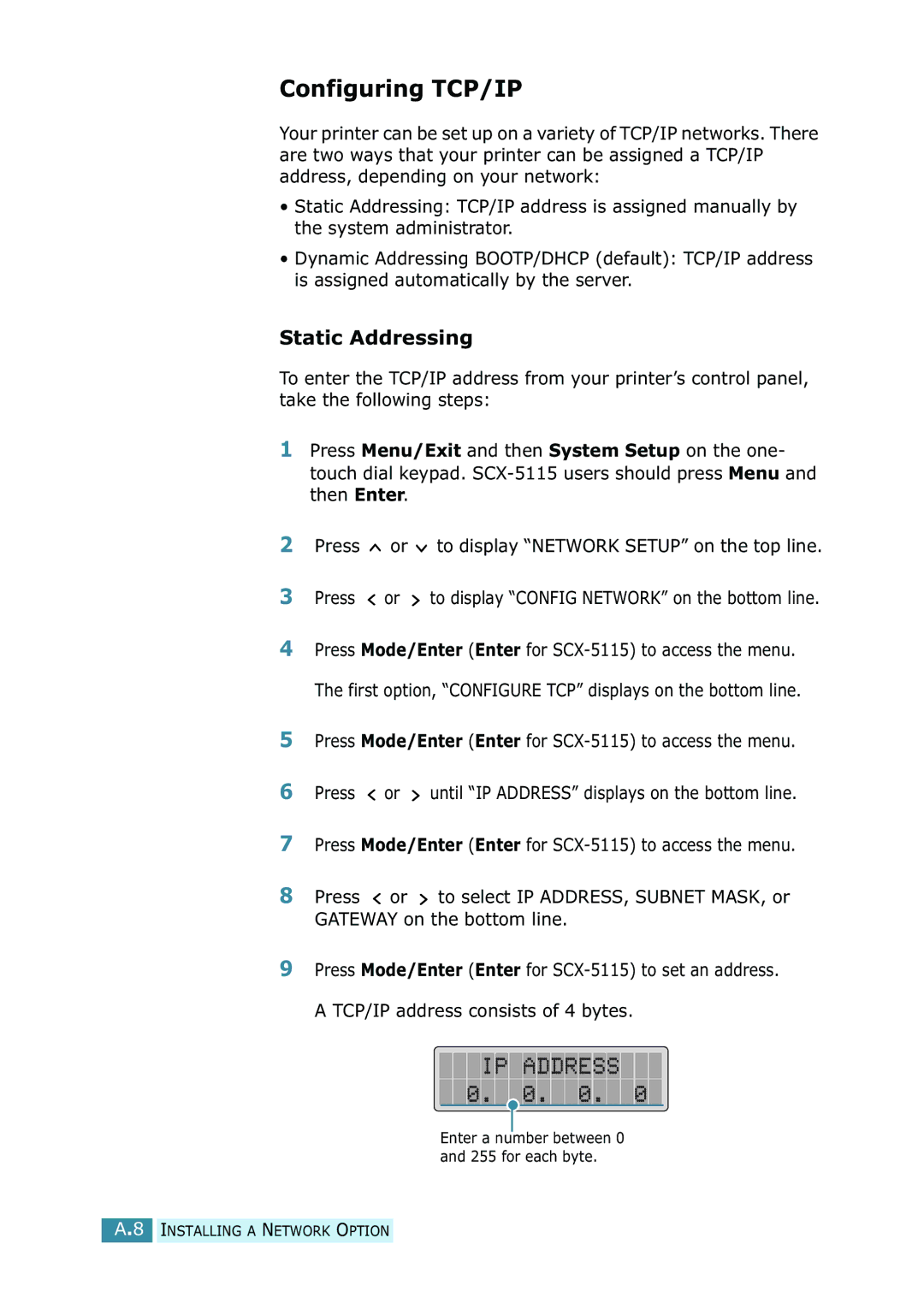 Samsung SCX-5115, SCX-5315F/5115 manual Configuring TCP/IP, Static Addressing 