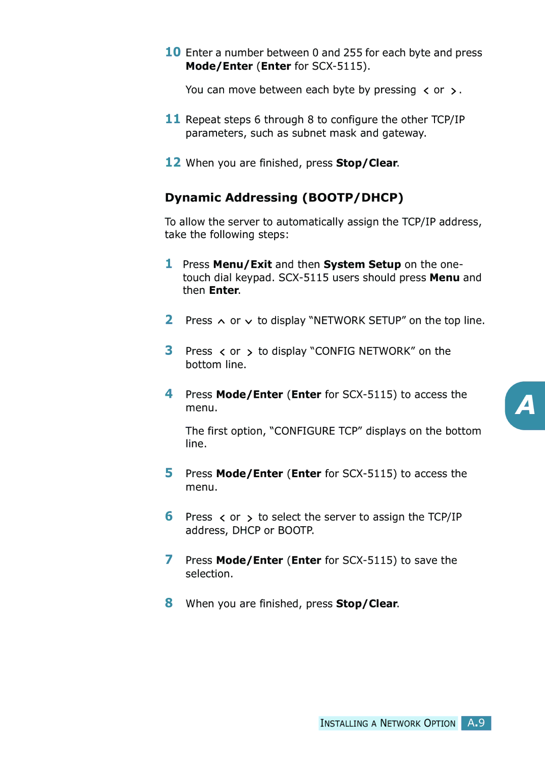 Samsung SCX-5315F/5115, SCX-5115 manual Dynamic Addressing BOOTP/DHCP 