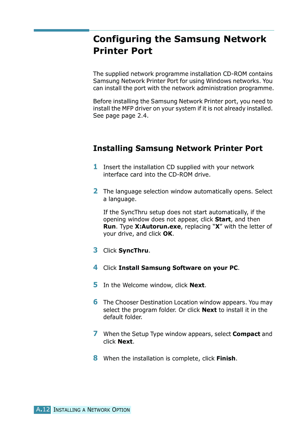 Samsung SCX-5315F/5115, SCX-5115 Configuring the Samsung Network Printer Port, Installing Samsung Network Printer Port 