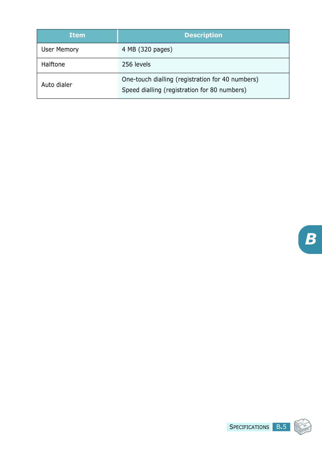 Samsung SCX-5315F/5115, SCX-5115 manual Specifications B.5 