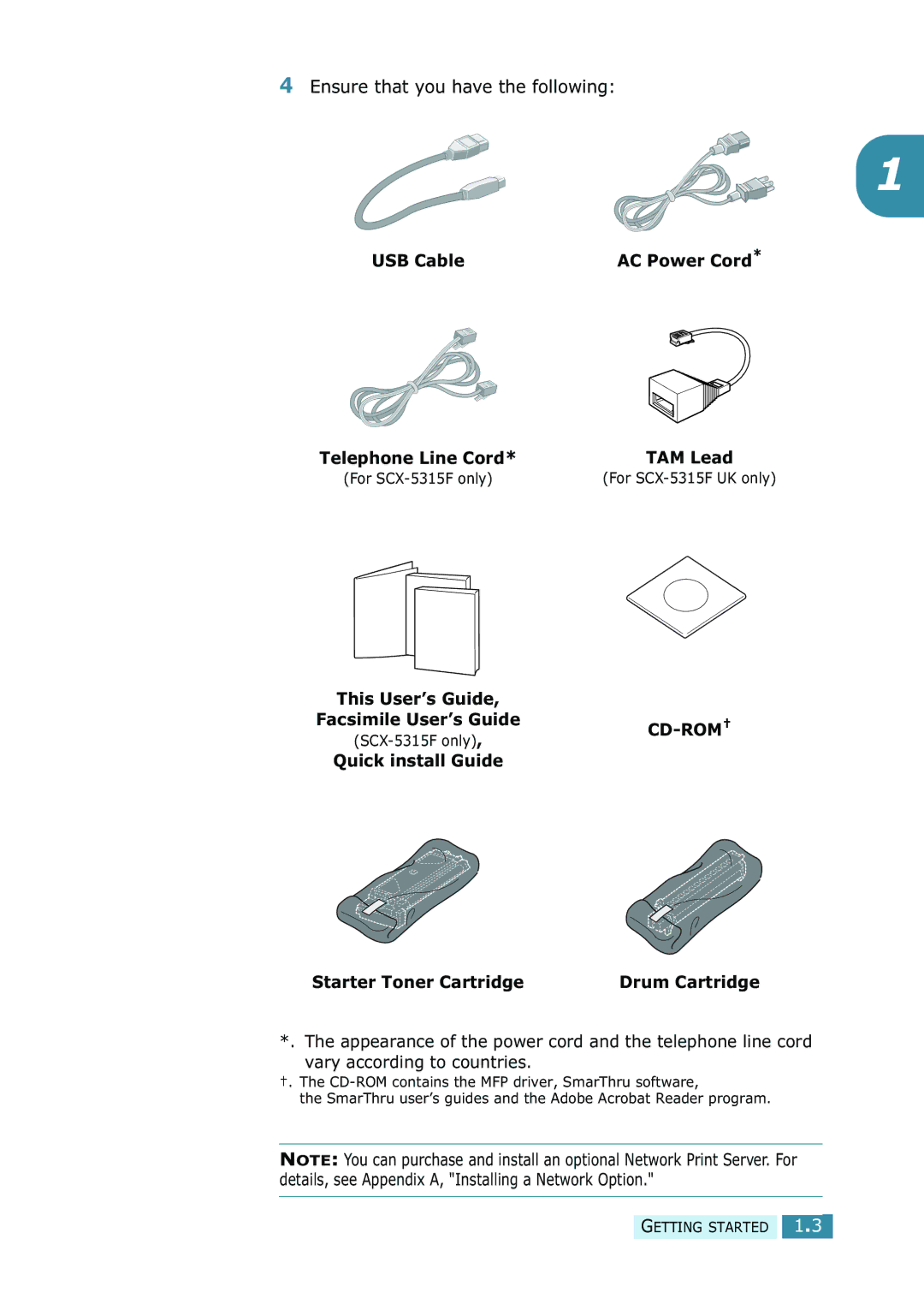 Samsung SCX-5315F/5115, SCX-5115 USB Cable Telephone Line Cord, This User’s Guide Facsimile User’s Guide, Drum Cartridge 