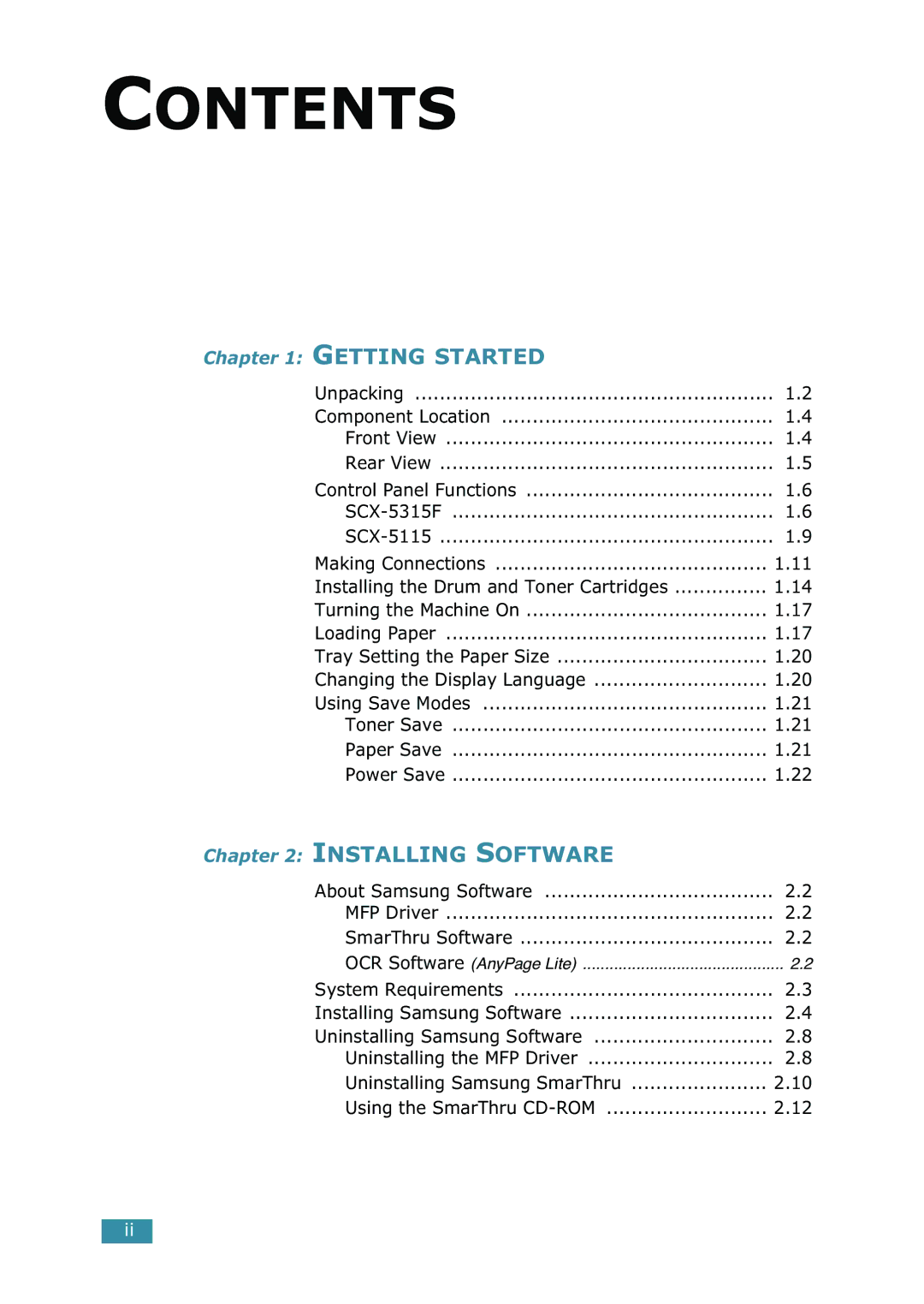 Samsung SCX-5315F/5115, SCX-5115 manual Contents 