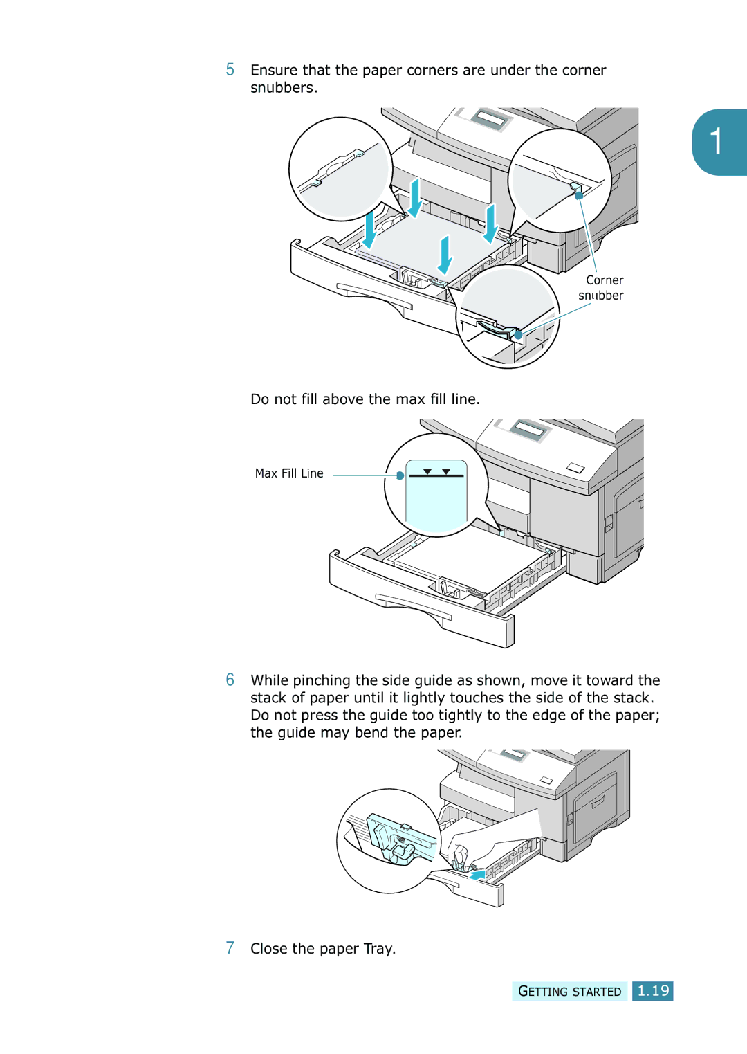 Samsung SCX-5315F/5115, SCX-5115 manual Ensure that the paper corners are under the corner snubbers 