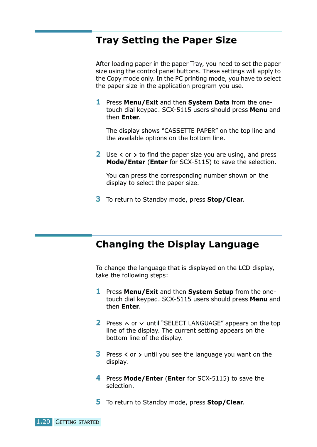 Samsung SCX-5115, SCX-5315F/5115 manual Tray Setting the Paper Size, Changing the Display Language 