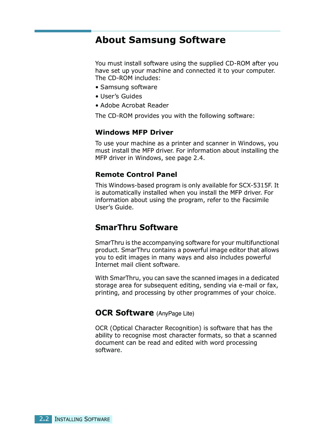 Samsung SCX-5315F/5115, SCX-5115 manual About Samsung Software, SmarThru Software, Windows MFP Driver, Remote Control Panel 