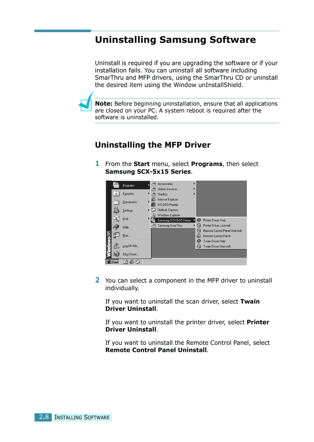 Samsung SCX-5315F/5115, SCX-5115 manual Uninstalling Samsung Software, Uninstalling the MFP Driver 