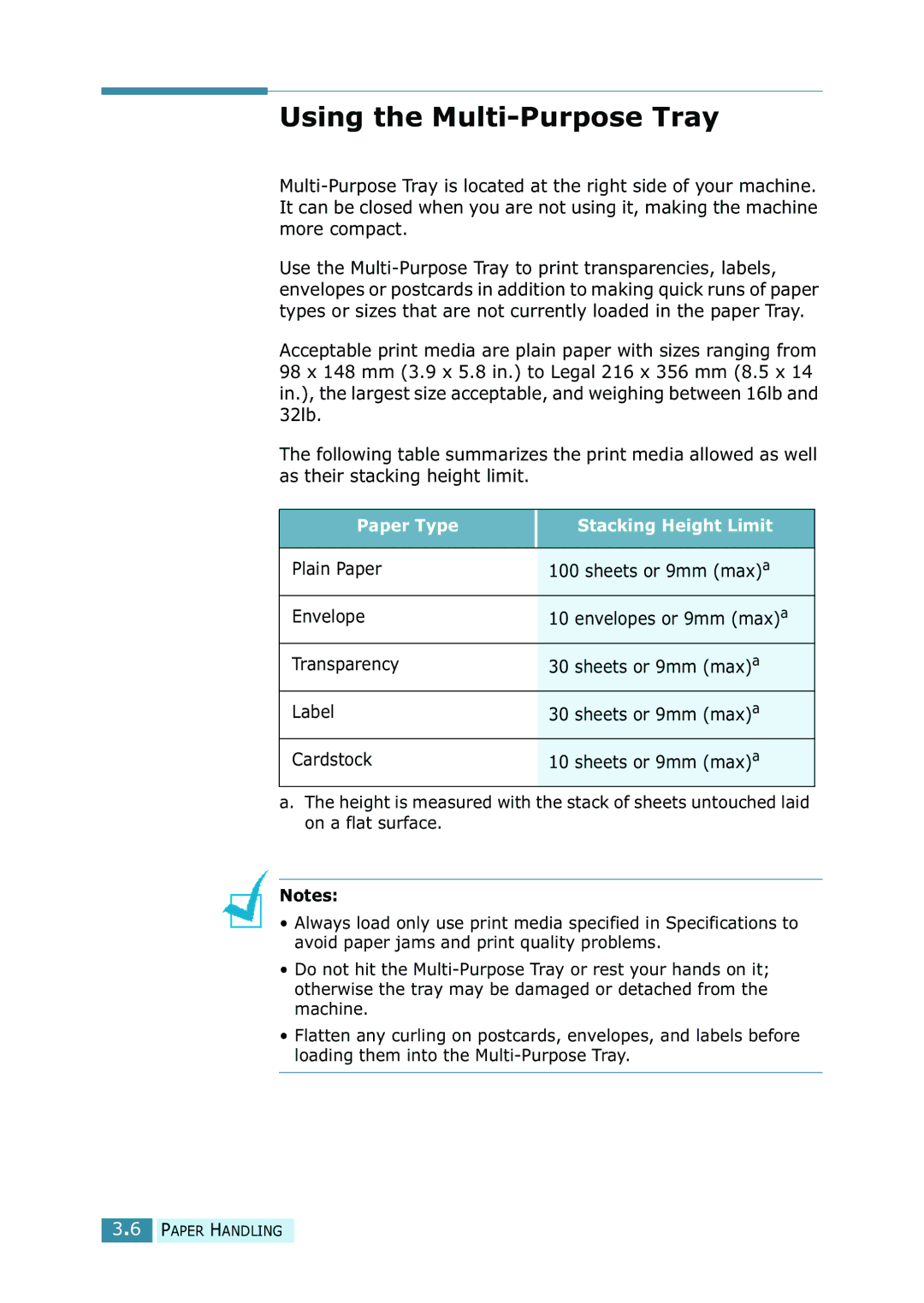 Samsung SCX-5315F/5115, SCX-5115 manual Using the Multi-Purpose Tray, Paper Type Stacking Height Limit 