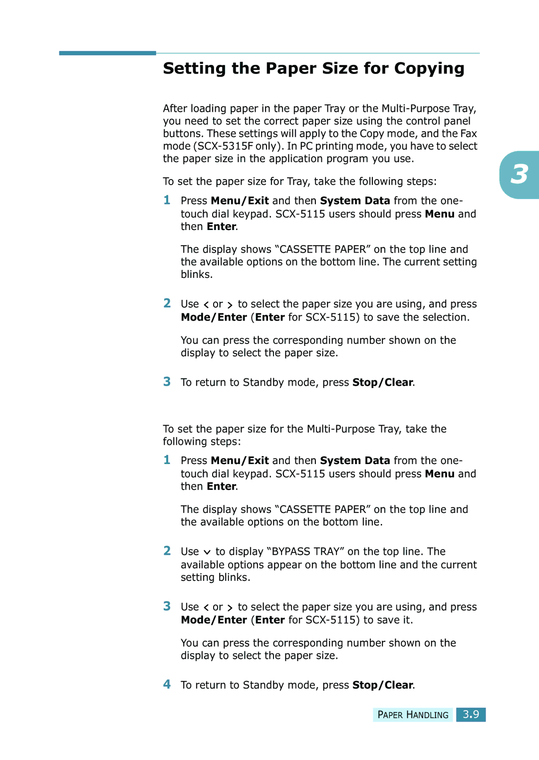 Samsung SCX-5315F/5115, SCX-5115 manual Setting the Paper Size for Copying 