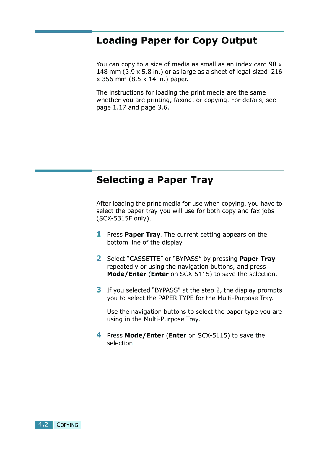 Samsung SCX-5315F/5115, SCX-5115 manual Loading Paper for Copy Output, Selecting a Paper Tray 