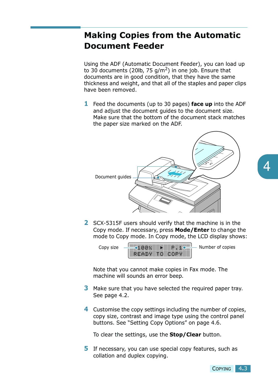 Samsung SCX-5115, SCX-5315F/5115 manual Making Copies from the Automatic Document Feeder 