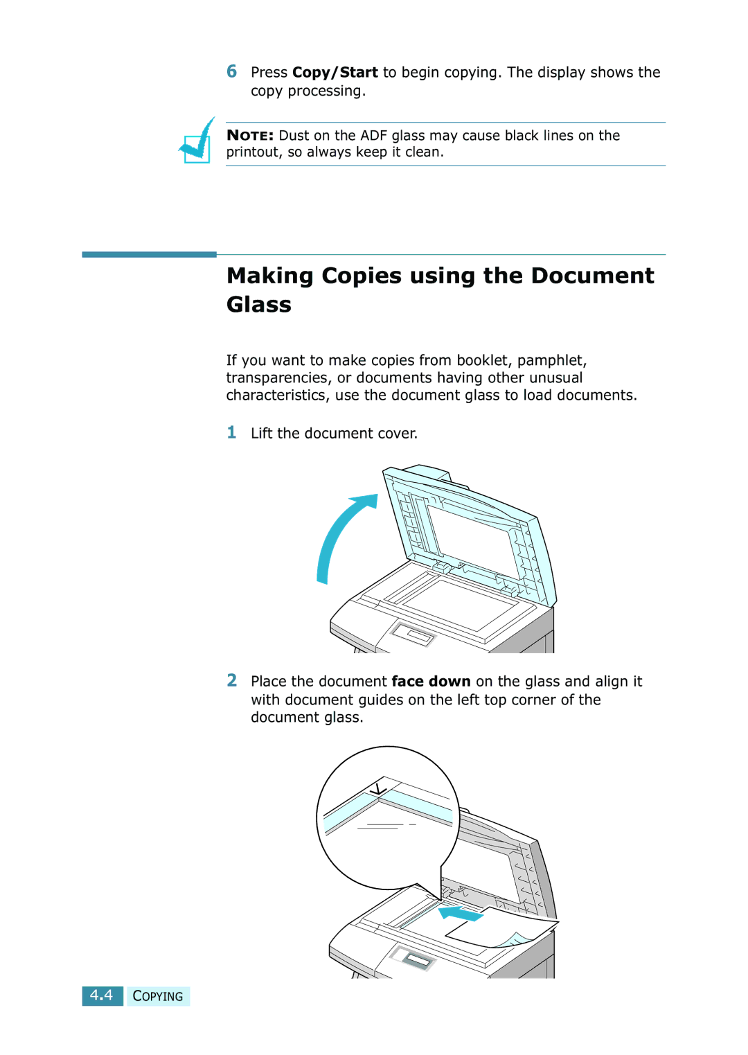 Samsung SCX-5315F/5115, SCX-5115 manual Making Copies using the Document Glass 