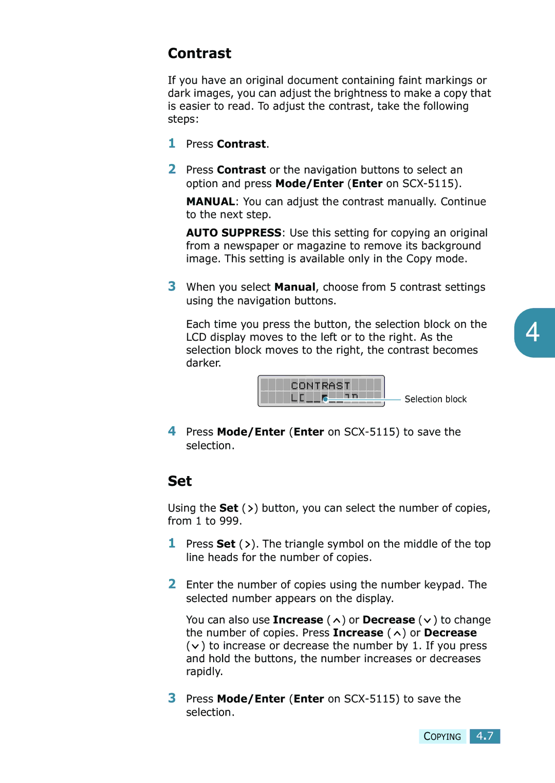 Samsung SCX-5315F/5115, SCX-5115 manual Set, Press Contrast 