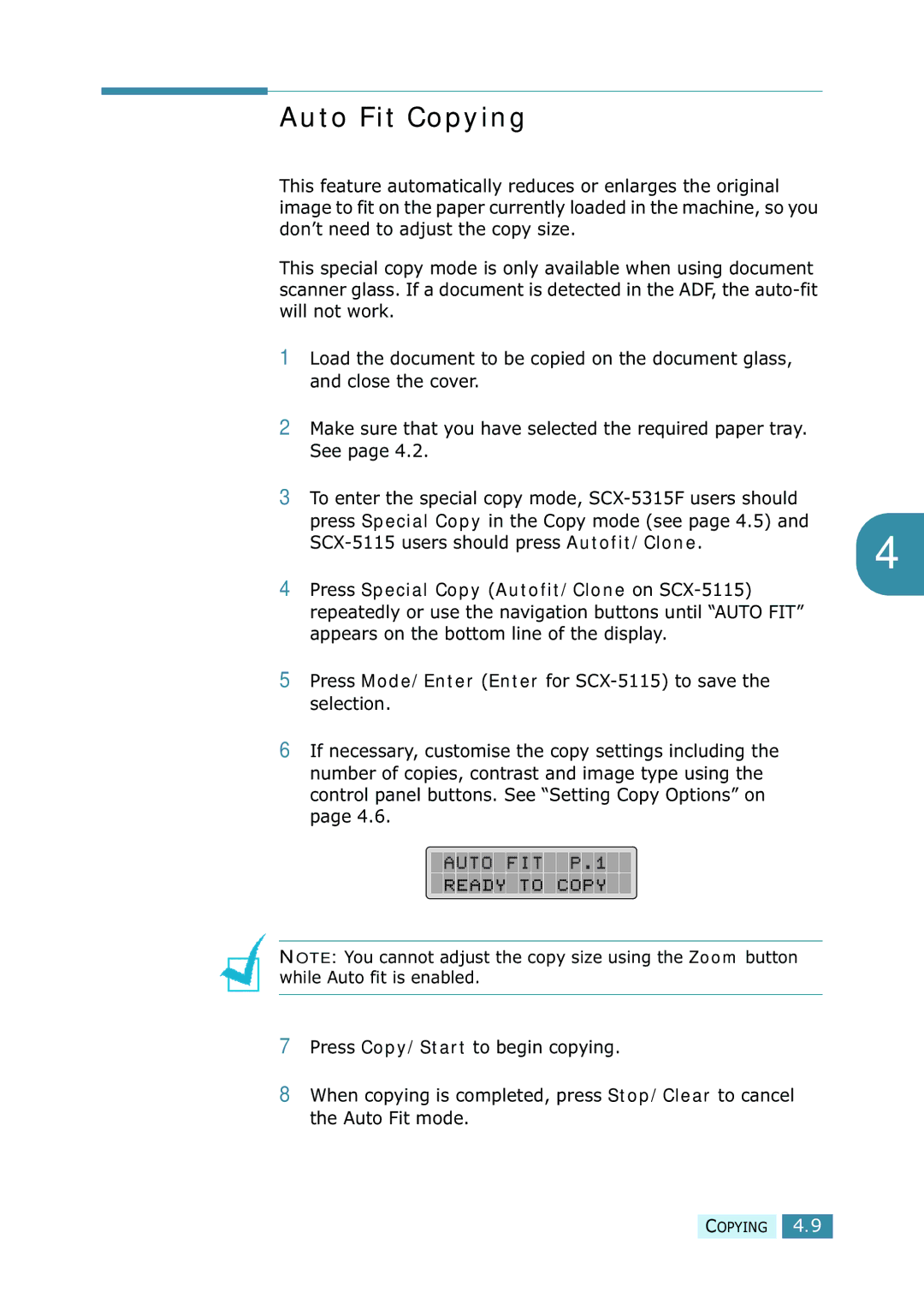 Samsung SCX-5115, SCX-5315F/5115 manual Auto Fit Copying 