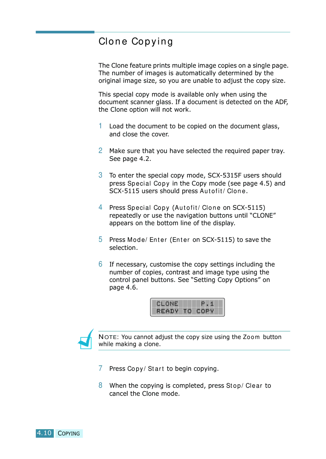 Samsung SCX-5315F/5115, SCX-5115 manual Clone Copying 