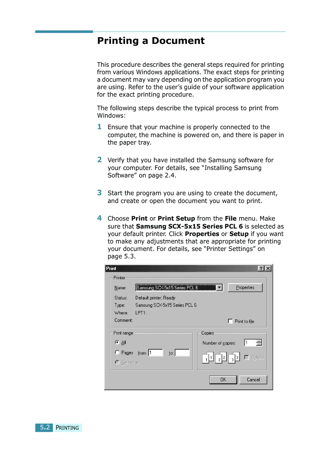 Samsung SCX-5315F/5115, SCX-5115 manual Printing a Document 