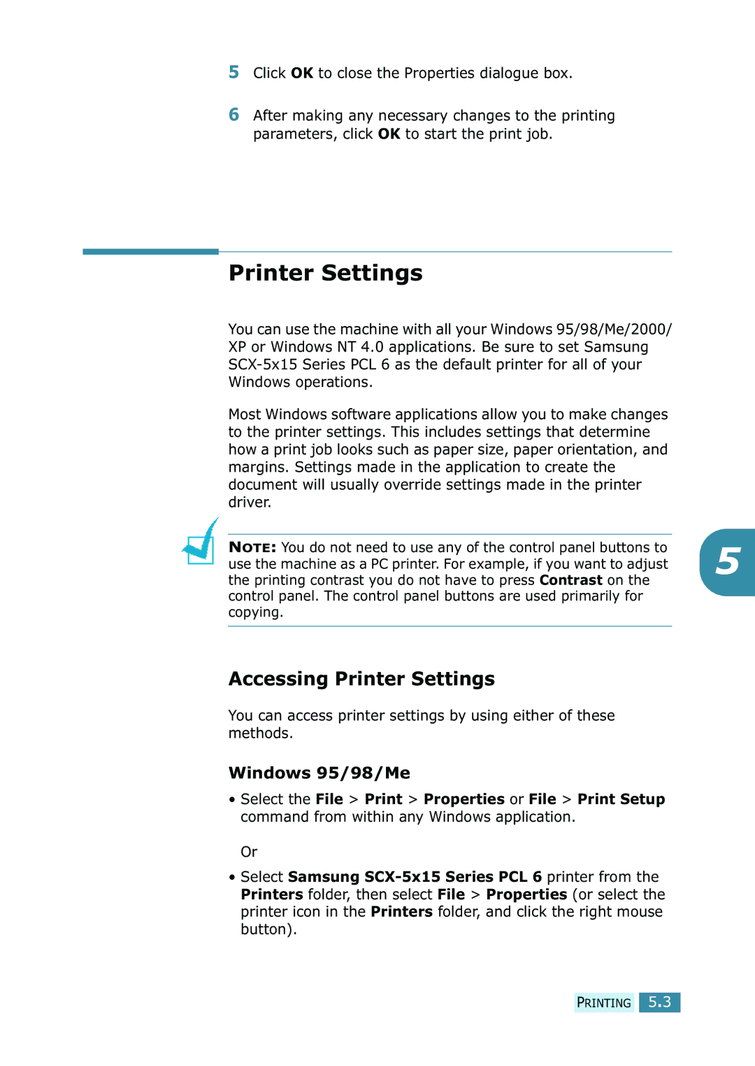 Samsung SCX-5315F/5115, SCX-5115 manual Accessing Printer Settings, Windows 95/98/Me 