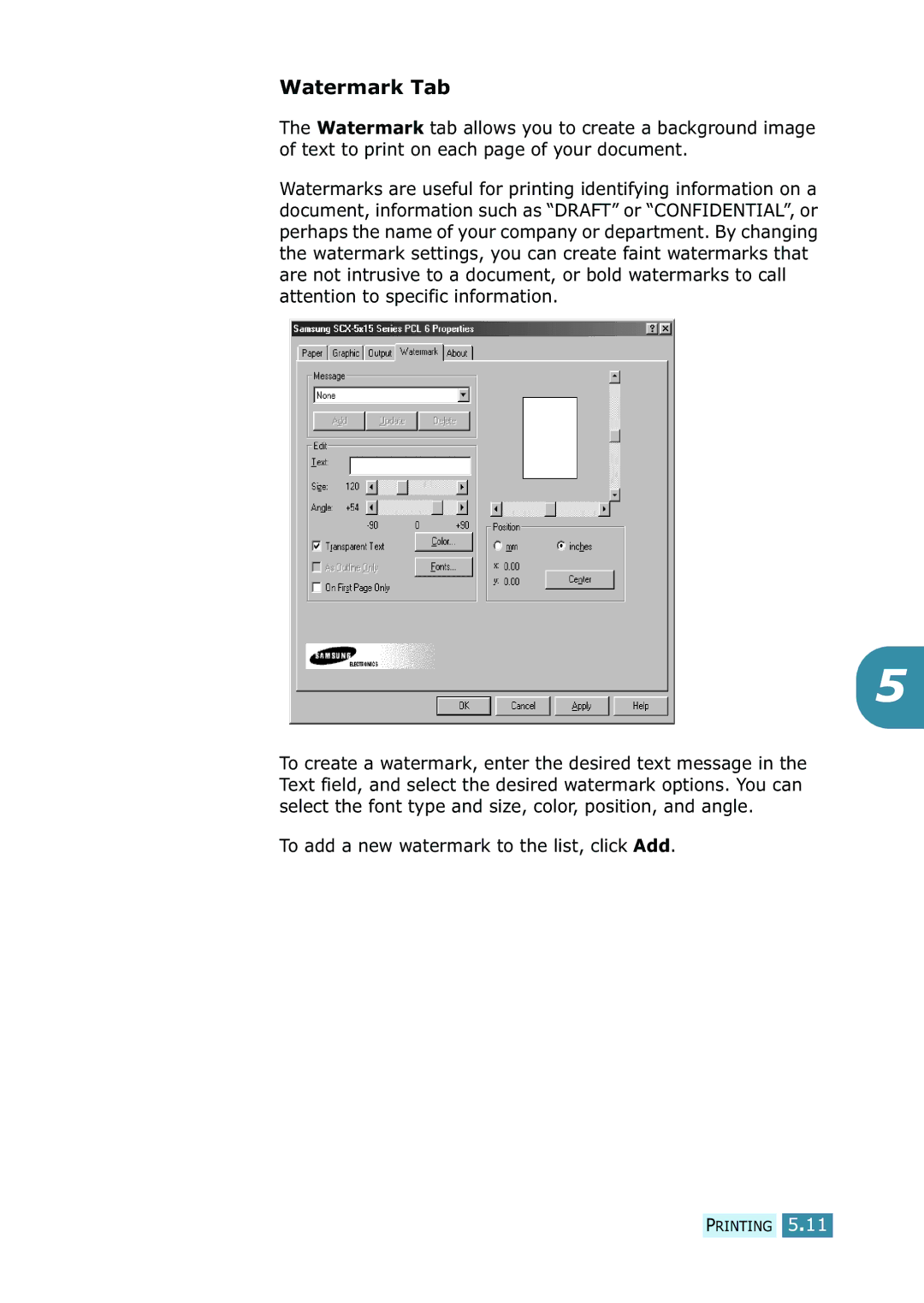 Samsung SCX-5315F/5115, SCX-5115 manual Watermark Tab 