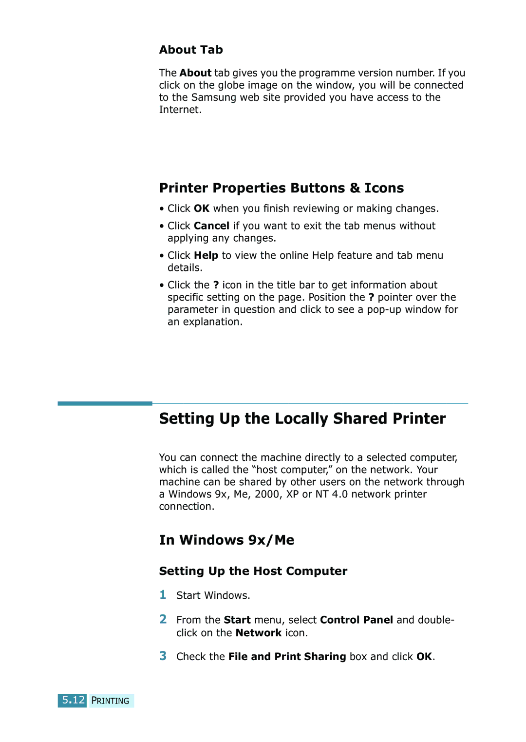 Samsung SCX-5315F Setting Up the Locally Shared Printer, Printer Properties Buttons & Icons, Windows 9x/Me, About Tab 