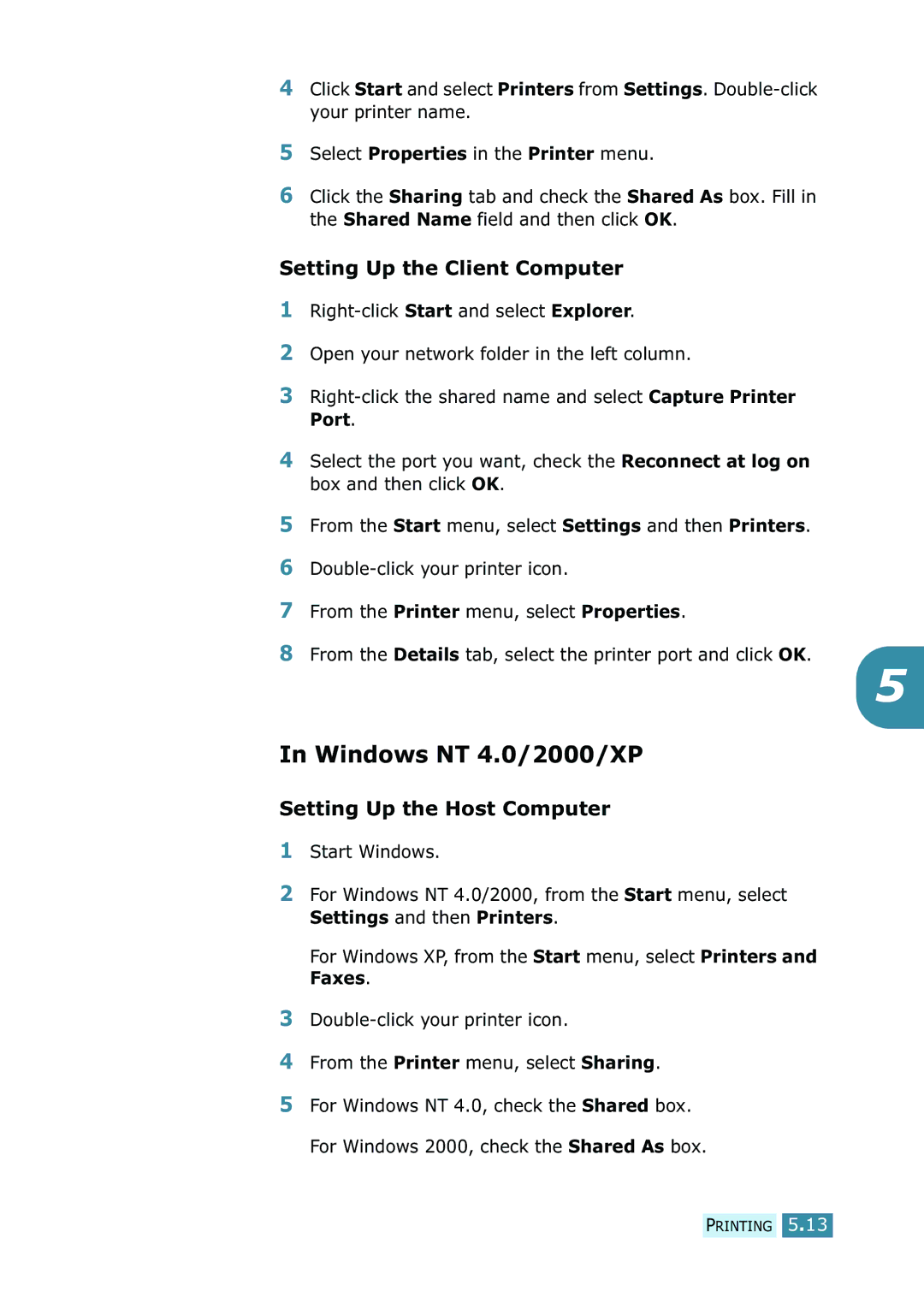 Samsung SCX-5115, SCX-5315F/5115 manual Windows NT 4.0/2000/XP, Setting Up the Client Computer 